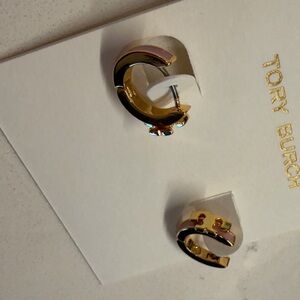 Tory Burch Gold Tone Baby Pink Small Hoop Earrings